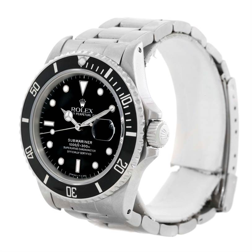 This image shows a side angle view of a Rolex Submariner 168000 Men
s Stainless Steel Black Dial 168000 Men
s Stainless Steel Black Dial watch, displaying its dial, bezel, and part of the bracelet.