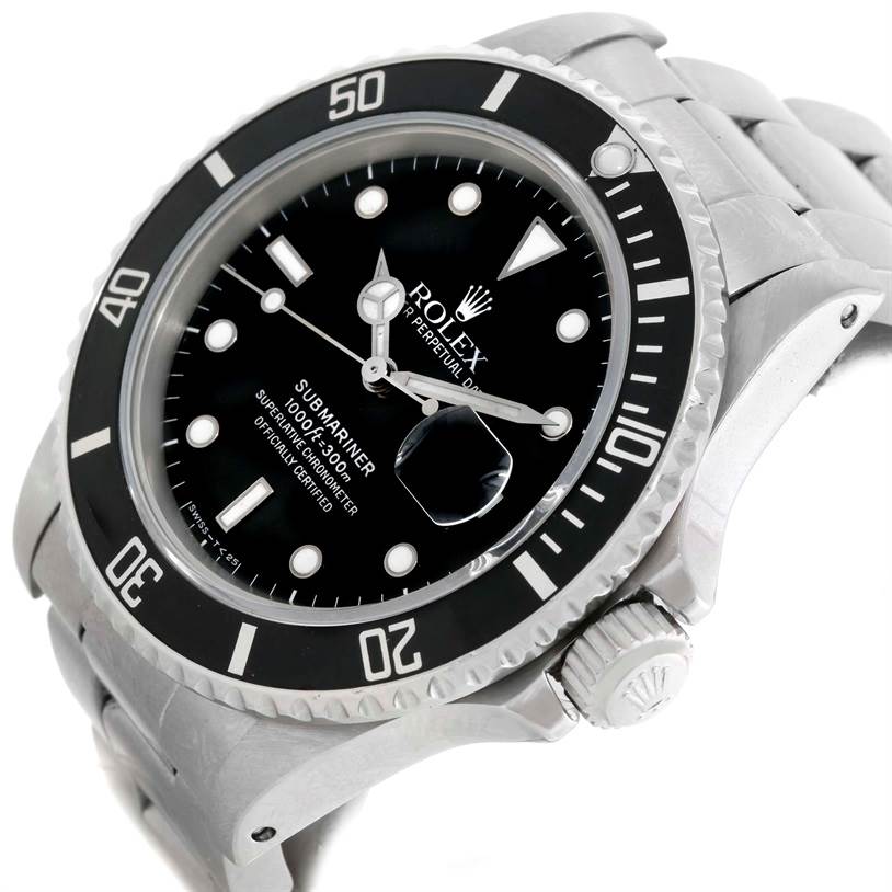 The image shows the Rolex Submariner 168000 Men
s Stainless Steel Black Dial 168000 Men
s Stainless Steel Black Dial watch from an angled close-up, highlighting the face, bezel, and part of the bracelet.