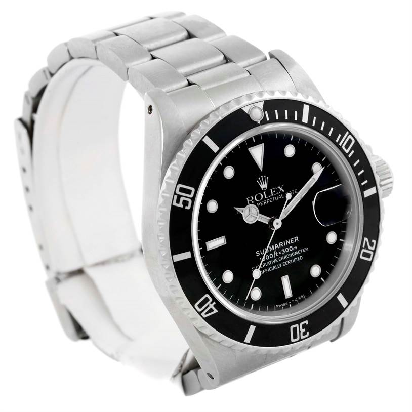 The Rolex Submariner 168000 Men
s Stainless Steel Black Dial 168000 Men
s Stainless Steel Black Dial watch is shown at a three-quarter angle, highlighting the bezel, dial, and bracelet.