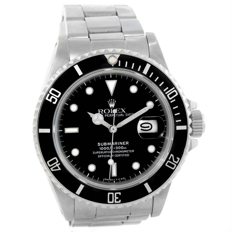 This image shows a front view of a Rolex Submariner 168000 Men
s Stainless Steel Black Dial 168000 Men
s Stainless Steel Black Dial watch, displaying the dial, bezel, and bracelet.