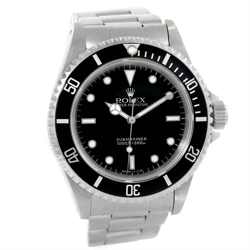 The image shows a front view of a Rolex Submariner 14060 Men
s Stainless Steel Black Dial 14060 Men
s Stainless Steel Black Dial model, highlighting its black dial, bezel, and stainless steel bracelet.