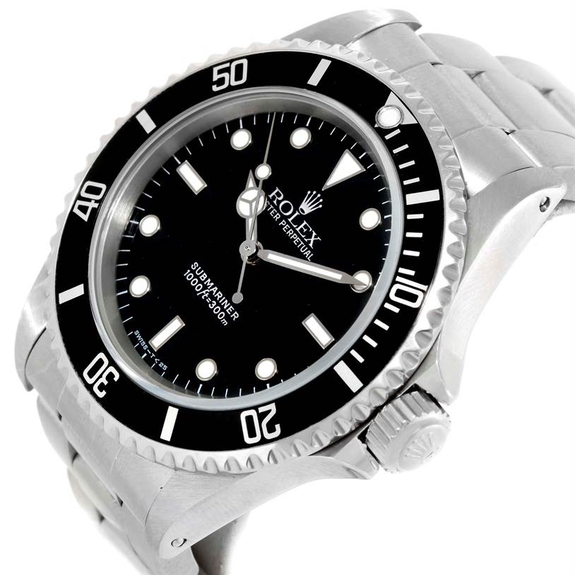 This image shows a close-up of the Rolex Submariner 14060 Men
s Stainless Steel Black Dial 14060 Men
s Stainless Steel Black Dial watch, highlighting the face, bezel, and part of the stainless steel band.