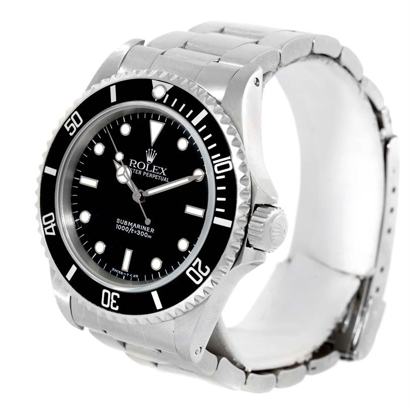 The Rolex Submariner 14060 Men
s Stainless Steel Black Dial 14060 Men
s Stainless Steel Black Dial watch is shown from an angled front view, displaying the bezel, face, crown, and bracelet.