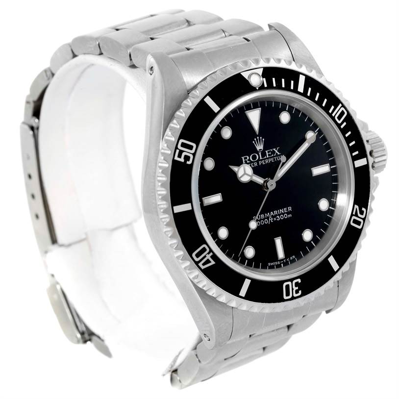 This Rolex Submariner 14060 Men
s Stainless Steel Black Dial 14060 Men
s Stainless Steel Black Dial watch is shown at a three-quarter angle, displaying its black bezel, dial, and stainless steel bracelet.