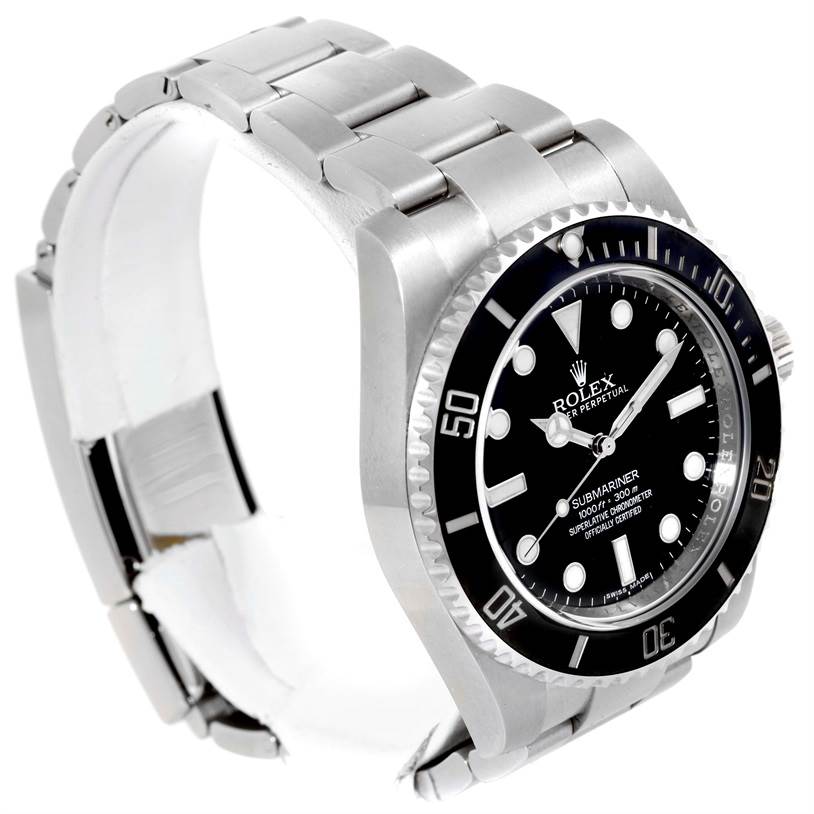 This image shows a side angle view of a Rolex Submariner 114060 Men
s Stainless Steel Black Dial 114060 Men
s Stainless Steel Black Dial watch, highlighting its bezel, dial, case, and partially open bracelet.