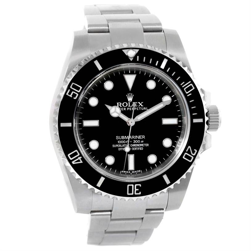 The Rolex Submariner 114060 Men
s Stainless Steel Black Dial 114060 Men
s Stainless Steel Black Dial watch is shown from a front angle, displaying its face, bezel, hands, and bracelet.
