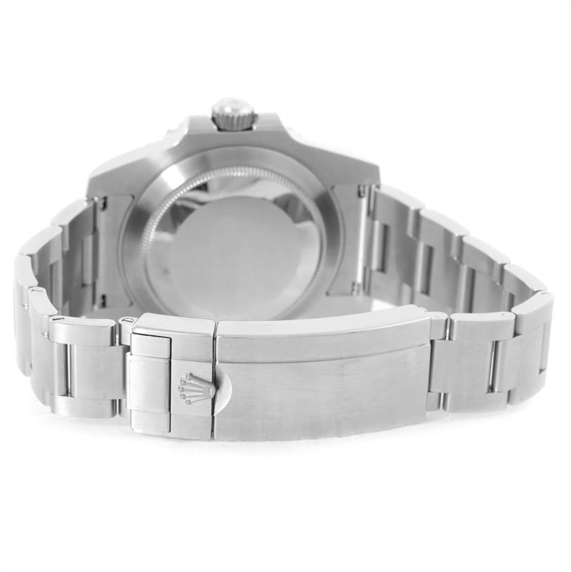 The image shows the back view of a Rolex Submariner 114060 Men
s Stainless Steel Black Dial 114060 Men
s Stainless Steel Black Dial watch, highlighting the case back and clasp of the stainless steel bracelet.