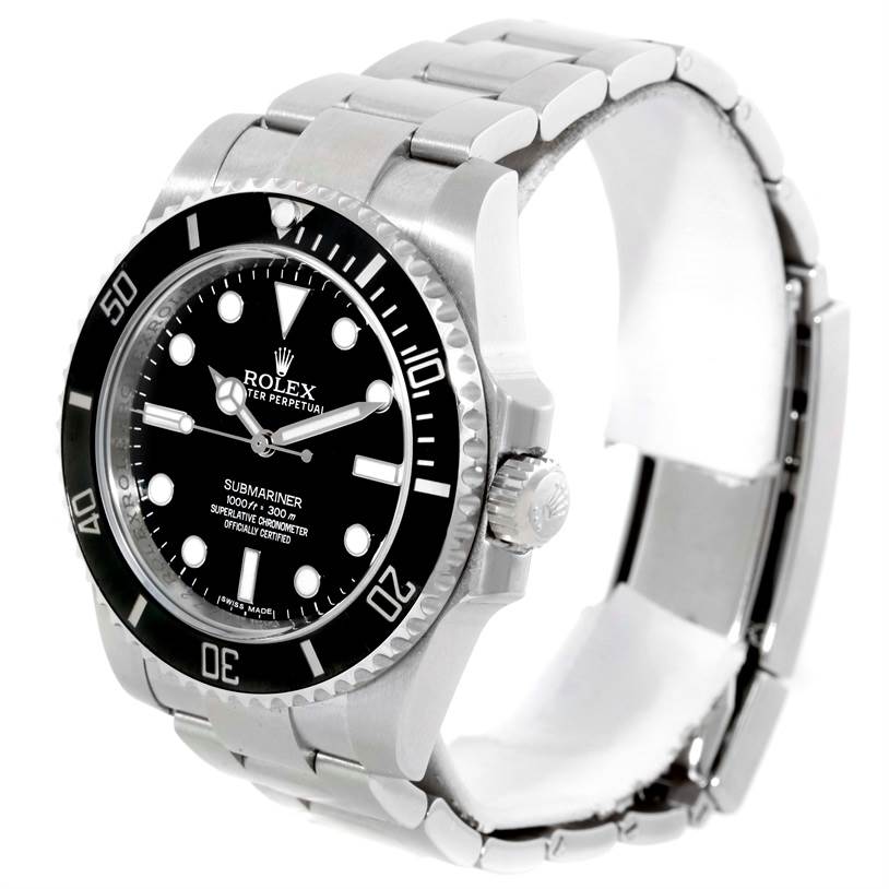 The image shows a Rolex Submariner 114060 Men
s Stainless Steel Black Dial 114060 Men
s Stainless Steel Black Dial watch angled to display the face, bezel, crown, and partially the stainless steel bracelet.