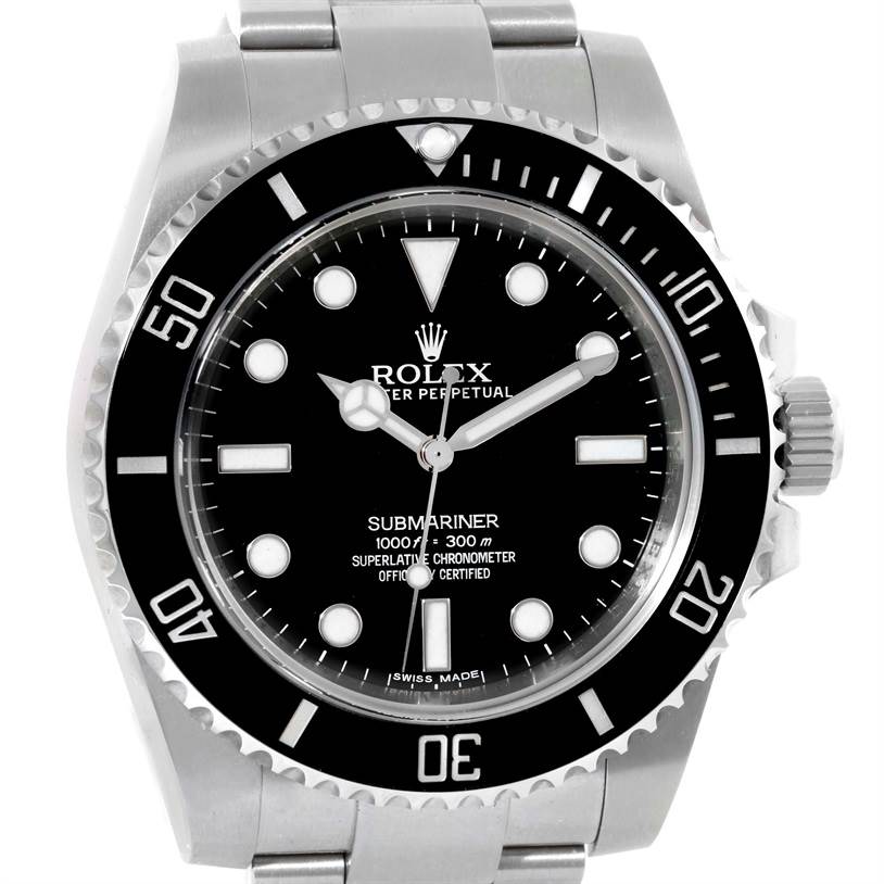 The image shows a front view of a Rolex Submariner 114060 Men
s Stainless Steel Black Dial 114060 Men
s Stainless Steel Black Dial, highlighting the dial, bezel, and part of the bracelet.