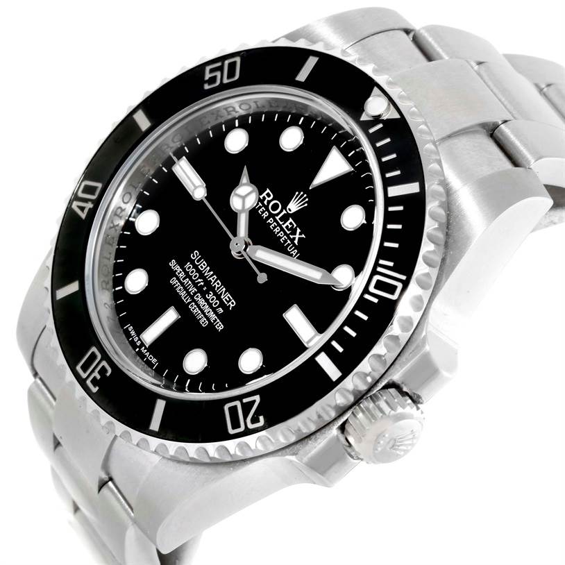 The image shows a close-up angled view of the Rolex Submariner 114060 Men
s Stainless Steel Black Dial 114060 Men
s Stainless Steel Black Dial, highlighting its face, bezel, and crown.