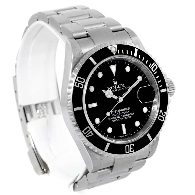 The Rolex Submariner 16610 Men
s Stainless Steel Black Dial 16610 Men
s Stainless Steel Black Dial watch is shown from an angled front view, displaying the face, bezel, and bracelet.