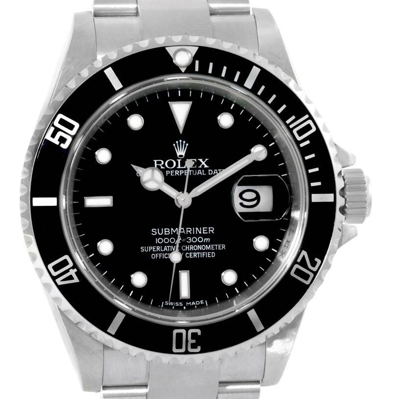 This image shows a front view of the Rolex Submariner 16610 Men
s Stainless Steel Black Dial 16610 Men
s Stainless Steel Black Dial watch displaying the face, bezel, crown, and part of the bracelet.