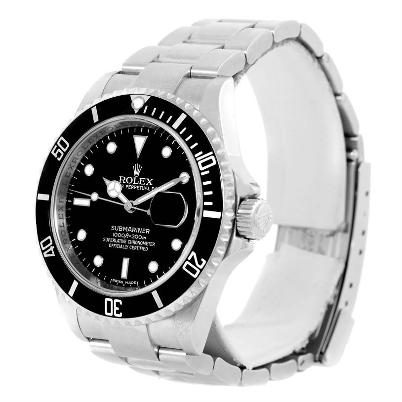 This image shows a Rolex Submariner 16610 Men
s Stainless Steel Black Dial 16610 Men
s Stainless Steel Black Dial watch from an angled frontal view, highlighting its face, bezel, and bracelet.