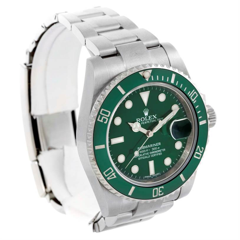 The image shows a Rolex Submariner 116610LV Men's Stainless Steel Green Dial 116610LV Men's Stainless Steel Green Dial watch at a slight side angle, highlighting the green dial, bezel, and stainless steel bracelet.