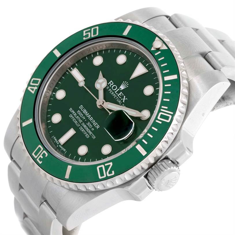 The image shows a diagonal angle of a Rolex Submariner 116610LV Men's Stainless Steel Green Dial 116610LV Men's Stainless Steel Green Dial watch, highlighting its green bezel, dial, and bracelet.