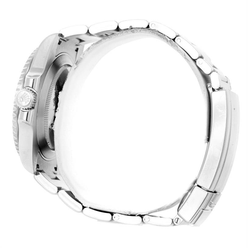 The image shows a side view of the Rolex Submariner 116610LV Men's Stainless Steel Green Dial 116610LV Men's Stainless Steel Green Dial watch, focusing on the crown and bracelet.