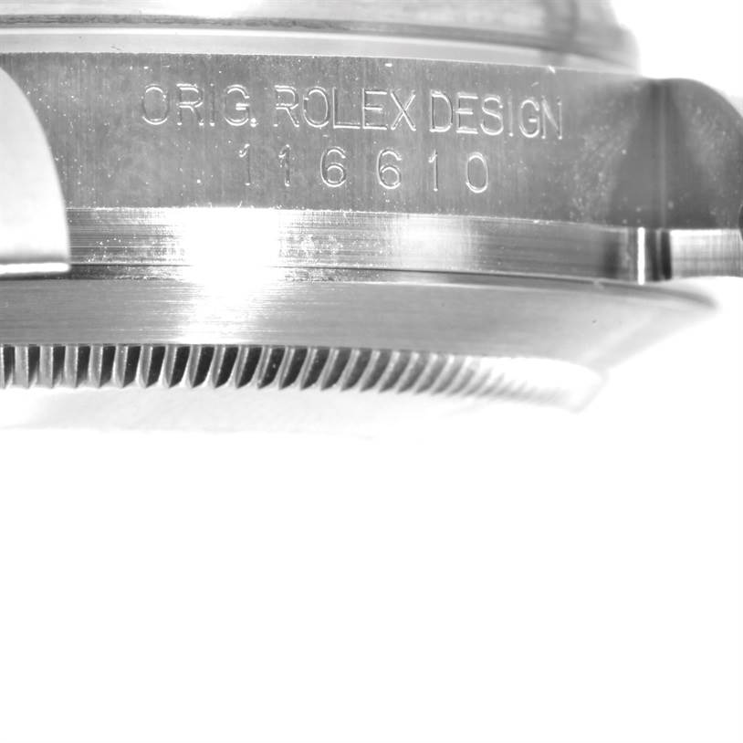 The image shows a close-up side view of the case and bezel of a Rolex Submariner 116610LV Men's Stainless Steel Green Dial 116610LV Men's Stainless Steel Green Dial watch, model number 116610.