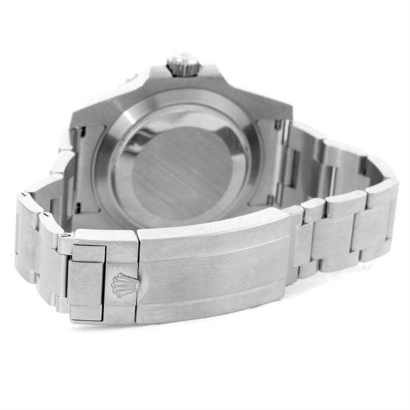 The image shows the underside of a Rolex Submariner 116610LV Men's Stainless Steel Green Dial 116610LV Men's Stainless Steel Green Dial watch, highlighting the back case and clasp.