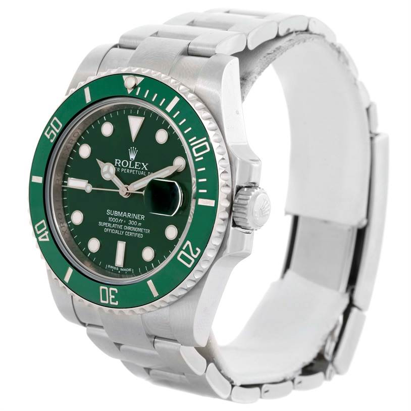 The image shows a Rolex Submariner 116610LV Men's Stainless Steel Green Dial 116610LV Men's Stainless Steel Green Dial watch at an angle highlighting the bezel, dial, and part of the stainless steel bracelet.