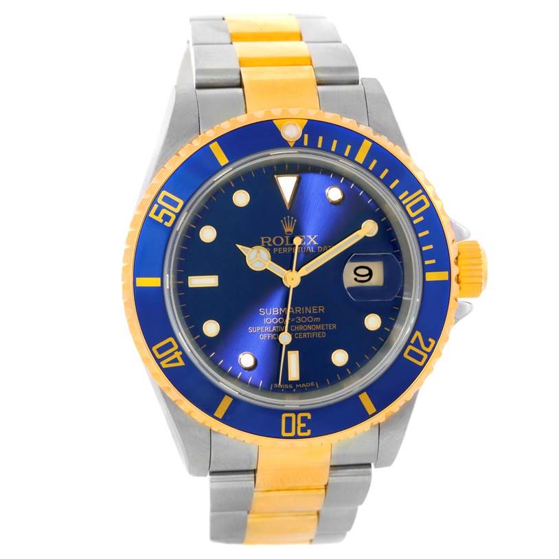 The watch is a Rolex Submariner 16613 Men
s Steel and Gold (two tone) Blue Dial 16613 Men
s Steel and Gold (two tone) Blue Dial model, shown from a front angle highlighting its face, bezel, and bracelet.