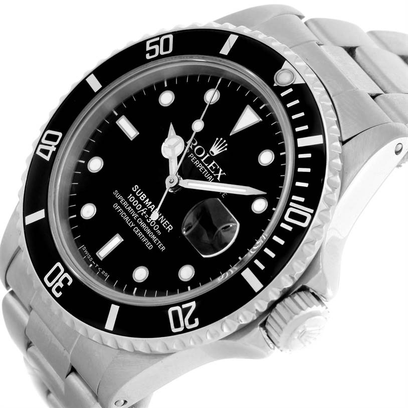 The image shows a Rolex Submariner 168000 Men
s Stainless Steel Black Dial 168000 Men
s Stainless Steel Black Dial watch angled to highlight the dial, bezel, and part of the bracelet.