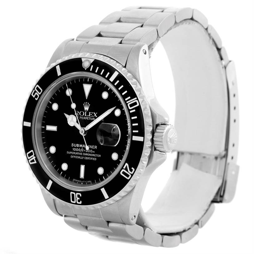 The Rolex Submariner 168000 Men
s Stainless Steel Black Dial 168000 Men
s Stainless Steel Black Dial watch is shown at a slight angle, revealing the face, bezel, crown, and part of the bracelet.