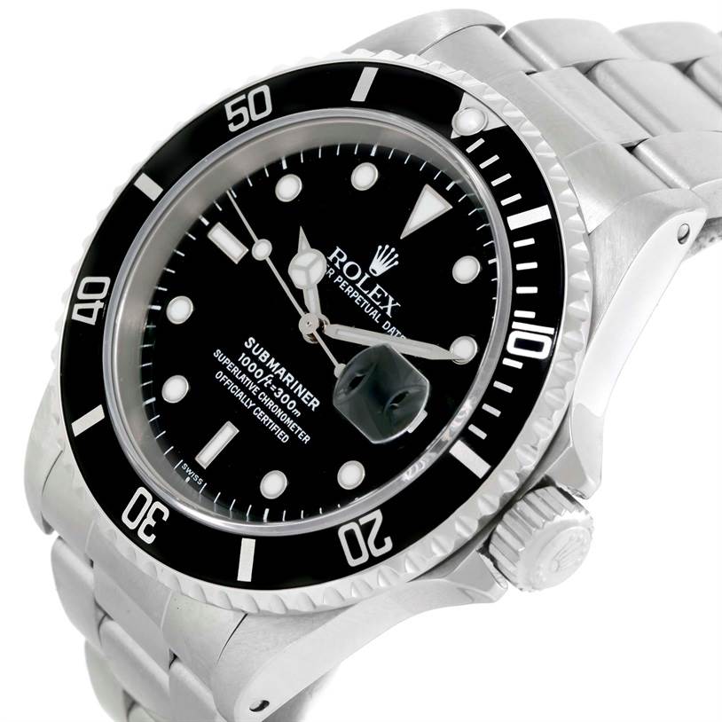 The image shows a Rolex Submariner 16610 Men
s Stainless Steel Black Dial 16610 Men
s Stainless Steel Black Dial watch at an angled side view, displaying its black dial, bezel, and stainless steel bracelet.