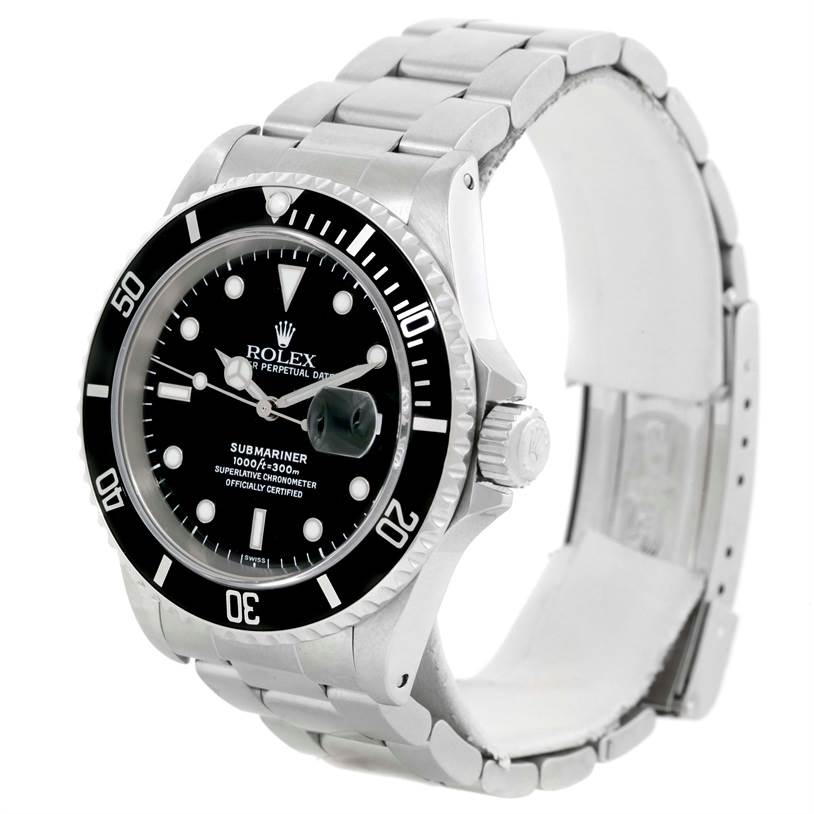 The Rolex Submariner 16610 Men
s Stainless Steel Black Dial 16610 Men
s Stainless Steel Black Dial watch is shown from an angled front view, displaying the dial, bezel, crown, and bracelet.