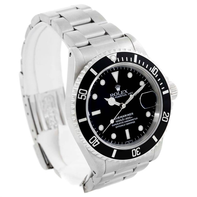 The image shows a Rolex Submariner 16610 Men
s Stainless Steel Black Dial 16610 Men
s Stainless Steel Black Dial watch at a slight angle, highlighting its bezel, face, crown, and stainless steel bracelet.