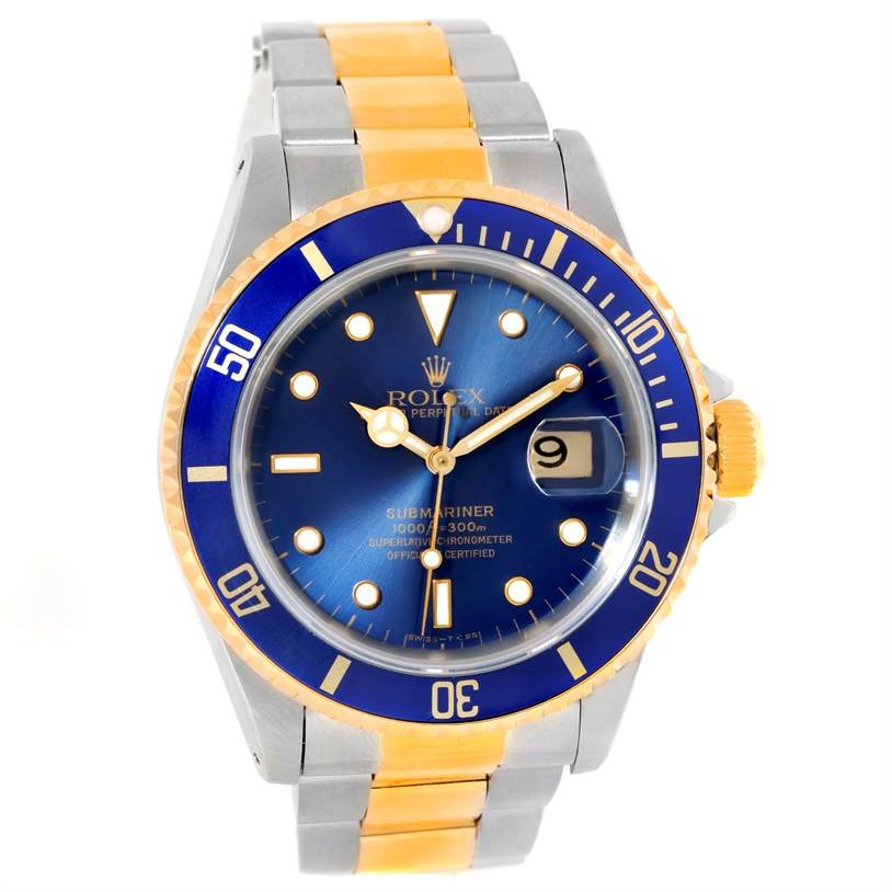 This image shows a front view of the Rolex Submariner 16613 Men's Steel and Gold (two tone) Blue Dial 16613 Men's Steel and Gold (two tone) Blue Dial, showcasing the dial, bezel, and bracelet.