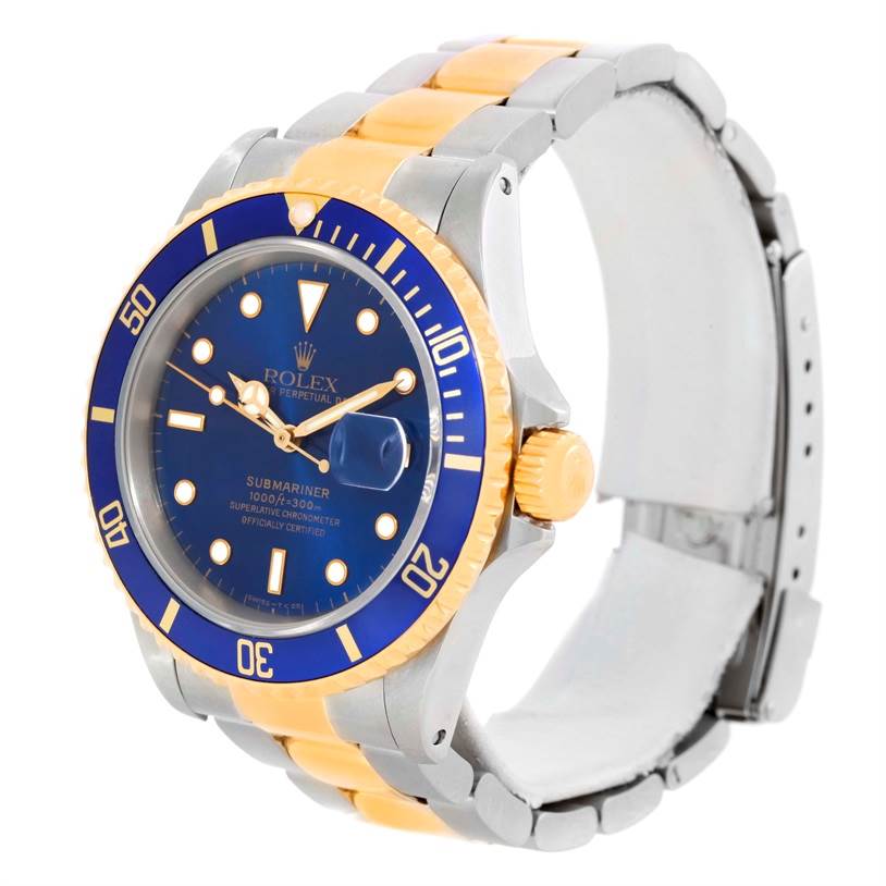 The Rolex Submariner 16613 Men's Steel and Gold (two tone) Blue Dial 16613 Men's Steel and Gold (two tone) Blue Dial watch is shown at a front-side angle, displaying the dial, bezel, and bracelet.