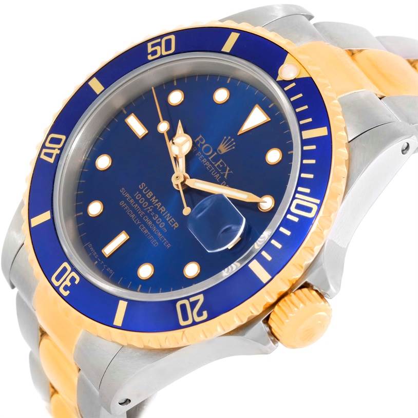 This image shows a top-side view of a Rolex Submariner 16613 Men's Steel and Gold (two tone) Blue Dial 16613 Men's Steel and Gold (two tone) Blue Dial watch, highlighting the blue dial, bezel, and two-toned bracelet.