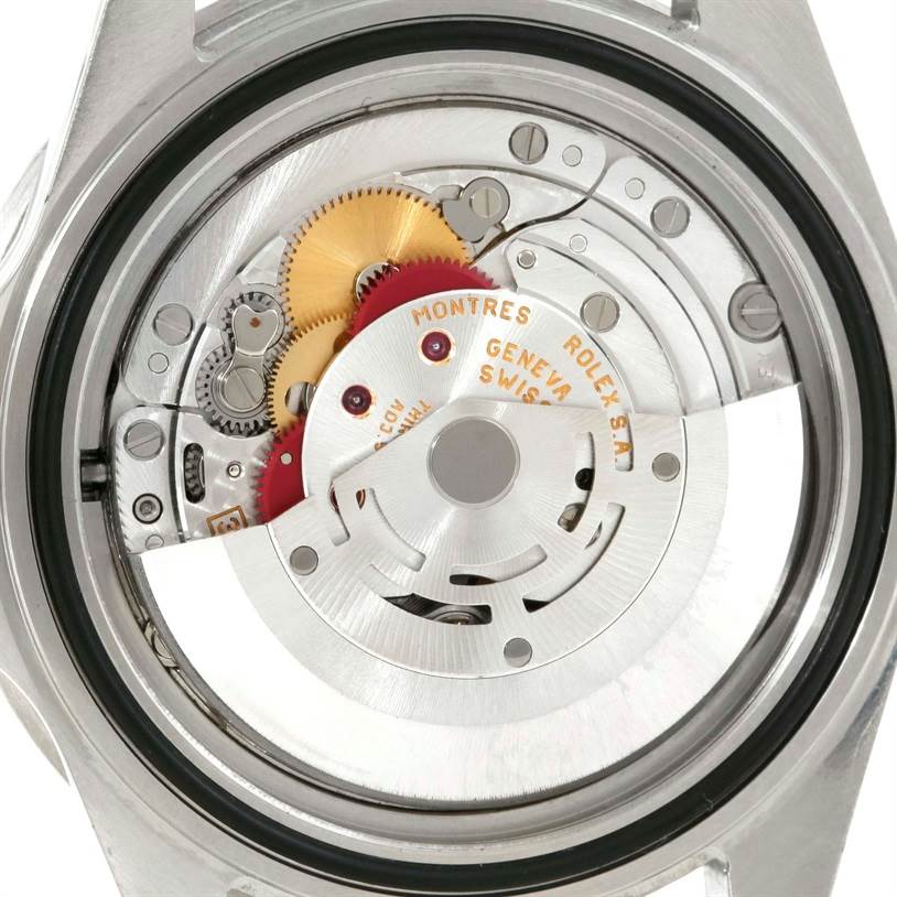 This image shows the internal movement mechanism of a Rolex Submariner 16610 Men
s Stainless Steel Black Dial 16610 Men
s Stainless Steel Black Dial watch from a back angle.