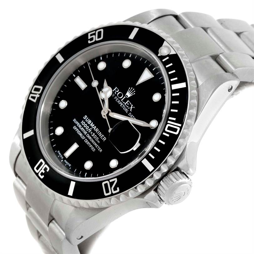The image shows a Rolex Submariner 16610 Men
s Stainless Steel Black Dial 16610 Men
s Stainless Steel Black Dial watch at a slight angle, highlighting the dial, bezel, crown, and part of the bracelet.
