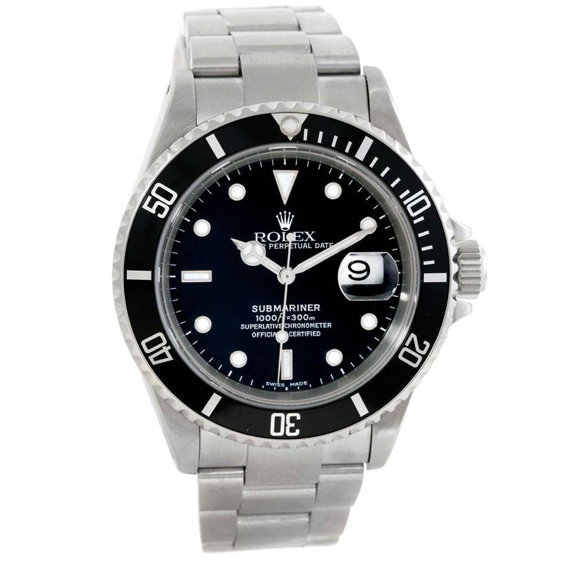 The Rolex Submariner 16610 Men
s Stainless Steel Black Dial 16610 Men
s Stainless Steel Black Dial watch is shown from a front angle, displaying its face, bezel, bracelet, and the date window.