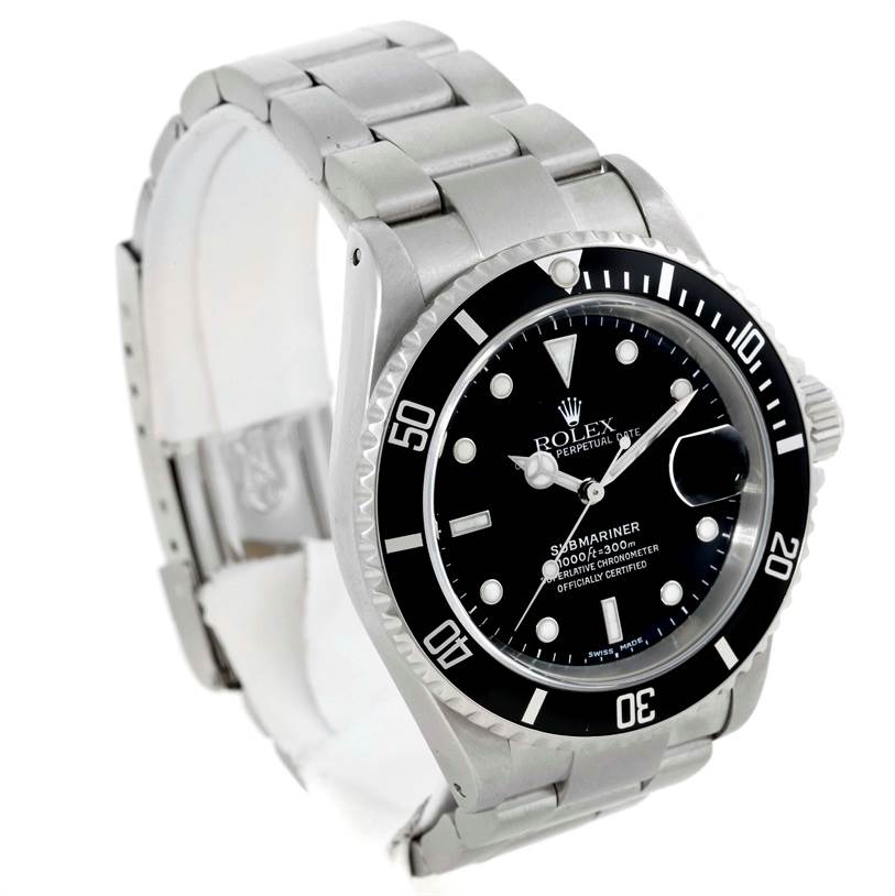 This image shows a Rolex Submariner 16610 Men
s Stainless Steel Black Dial 16610 Men
s Stainless Steel Black Dial watch from a front-left angle, highlighting the dial, bezel, and part of the bracelet.