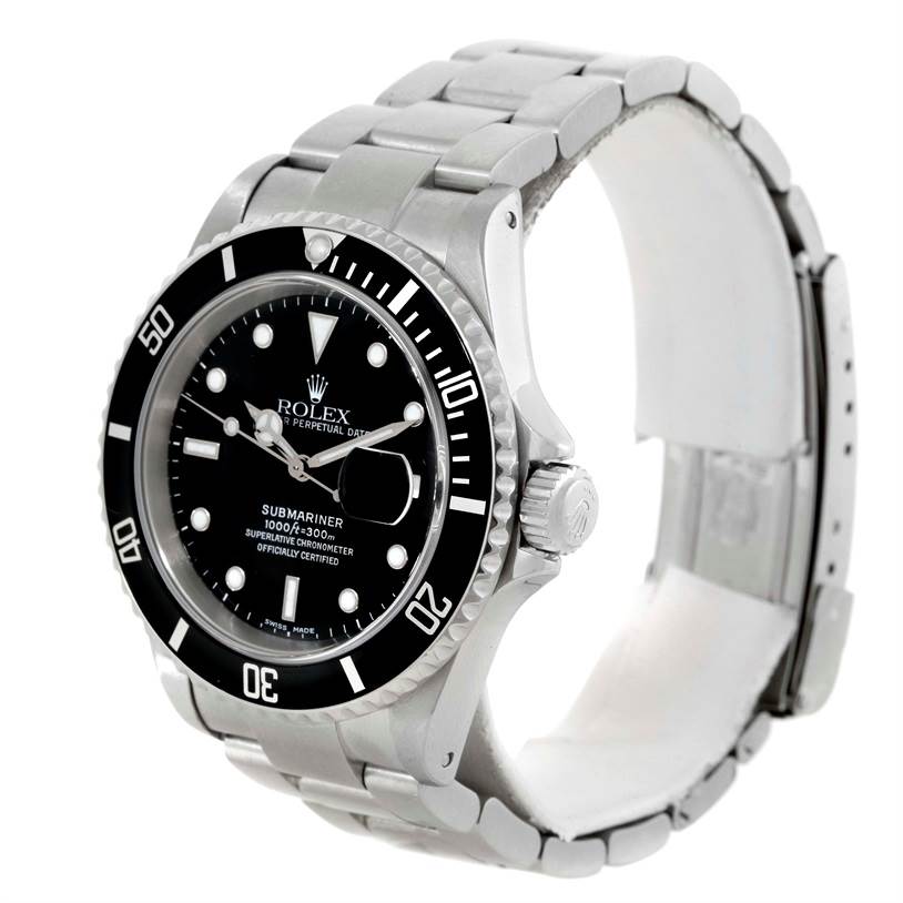 The image shows a Rolex Submariner 16610 Men
s Stainless Steel Black Dial 16610 Men
s Stainless Steel Black Dial watch viewed from an angled side, displaying the face, bezel, crown, and part of the bracelet.