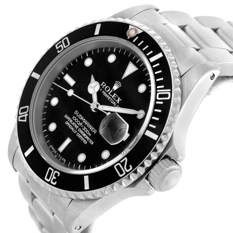 The image shows a Rolex Submariner 16610 Men
s Stainless Steel Black Dial 16610 Men
s Stainless Steel Black Dial watch angled from the top left, focusing on the face, bezel, and crown.