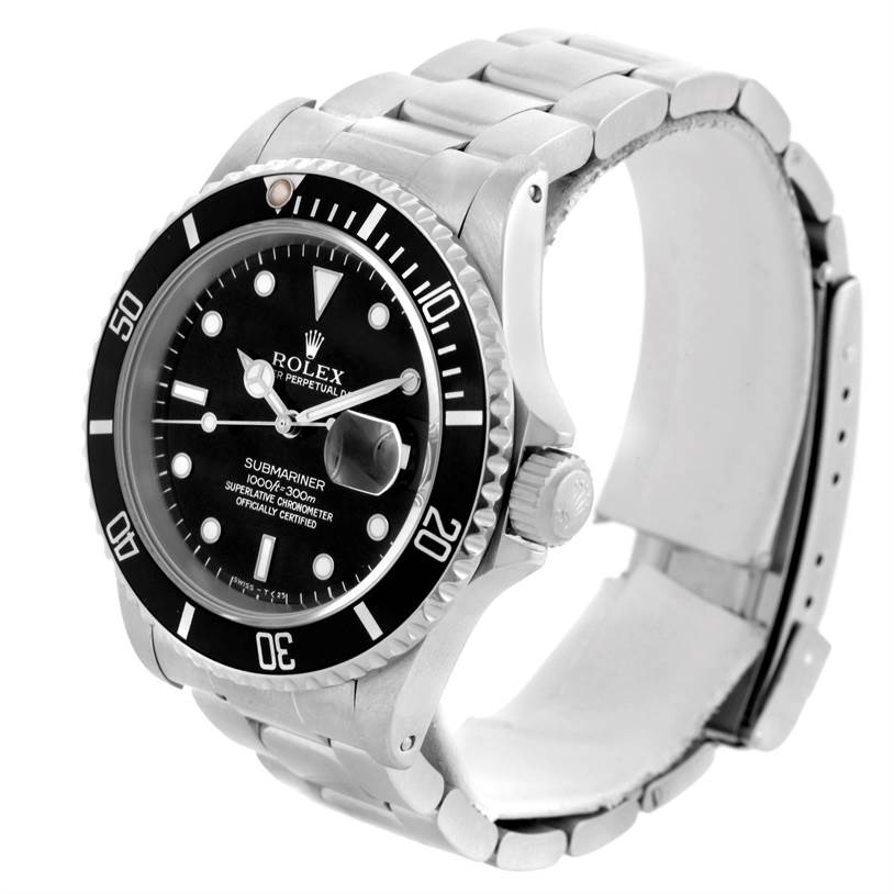 The image shows a Rolex Submariner 16610 Men
s Stainless Steel Black Dial 16610 Men
s Stainless Steel Black Dial watch from an angled front view, highlighting its black dial, bezel, and metal bracelet.