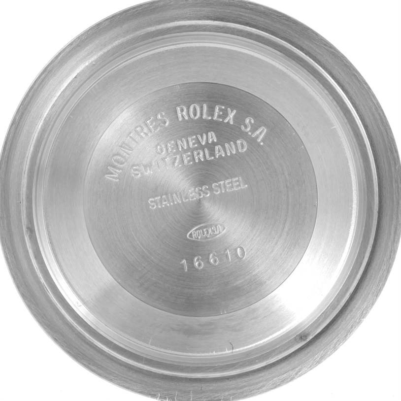 This image shows the inner case back of a Rolex Submariner 16610 Men
s Stainless Steel Black Dial 16610 Men
s Stainless Steel Black Dial model.