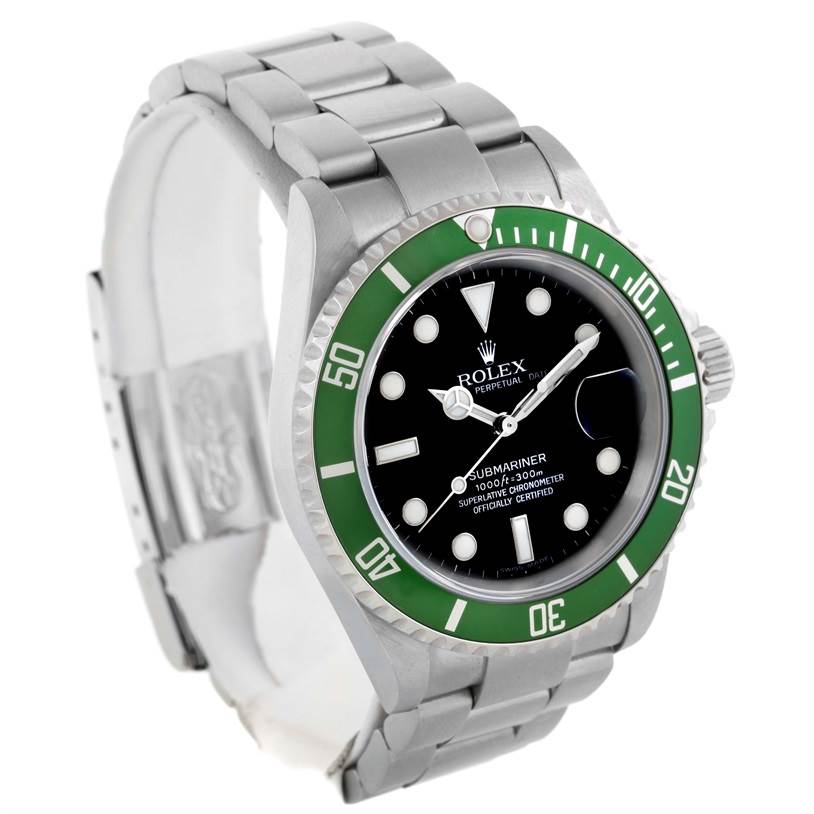 The image shows a Rolex Submariner 16610LV Men
s Stainless Steel Black Dial 16610LV Men
s Stainless Steel Black Dial watch, highlighting its face, green bezel, and stainless steel bracelet at a slight angle.