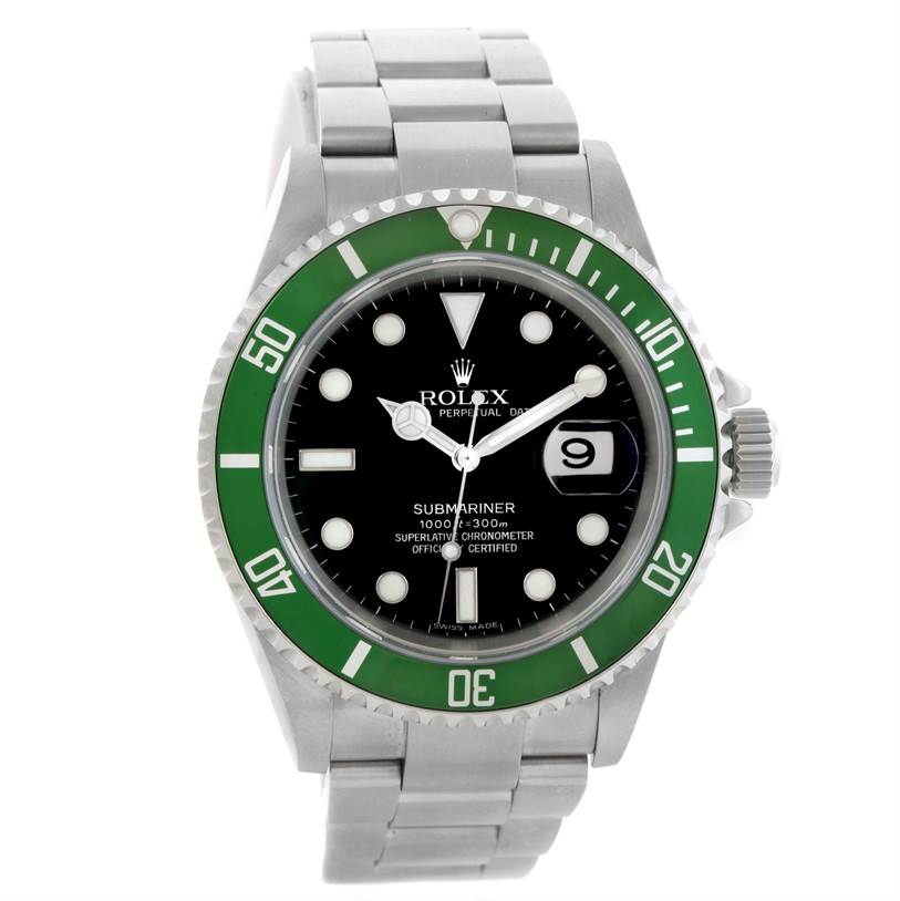 The image shows a front view of a Rolex Submariner 16610LV Men
s Stainless Steel Black Dial 16610LV Men
s Stainless Steel Black Dial watch, displaying the dial, bezel, and bracelet.