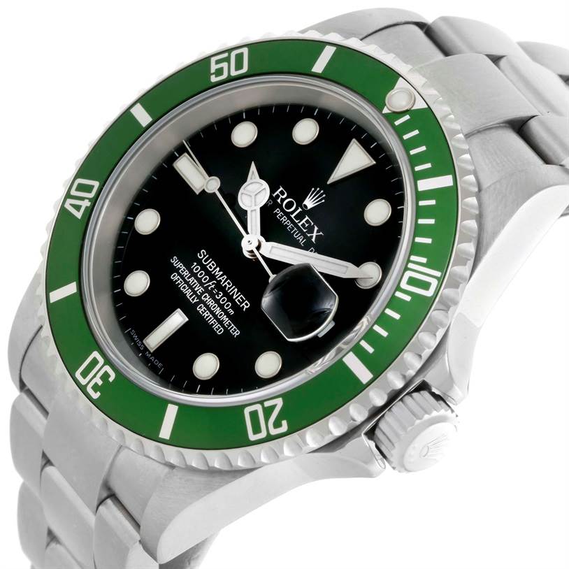 This Rolex Submariner 16610LV Men
s Stainless Steel Black Dial 16610LV Men
s Stainless Steel Black Dial watch is shown at an angled close-up, highlighting the bezel, dial, crown, and bracelet.