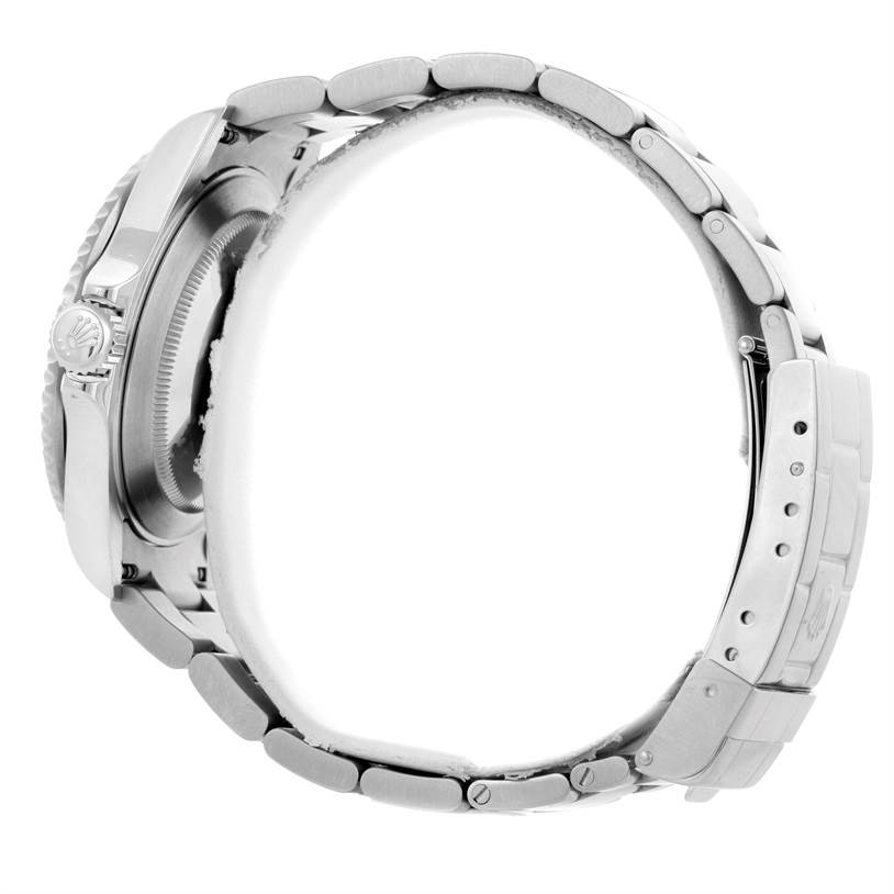 This side view of the Rolex Submariner 16610LV Men
s Stainless Steel Black Dial 16610LV Men
s Stainless Steel Black Dial watch showcases its bracelet, clasp, and crown.