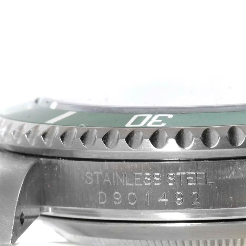 This close-up angle shows the stainless steel side case and bezel with engraving details of the Rolex Submariner 16610LV Men
s Stainless Steel Black Dial 16610LV Men
s Stainless Steel Black Dial watch.