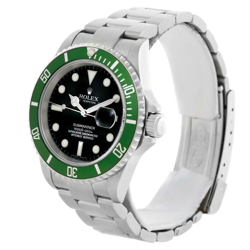 The image shows a side-angle view of a Rolex Submariner 16610LV Men
s Stainless Steel Black Dial 16610LV Men
s Stainless Steel Black Dial watch highlighting its green bezel, black dial, and stainless steel bracelet.