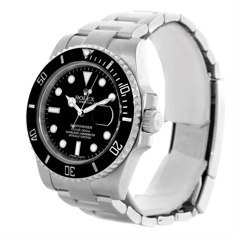 The image shows a Rolex Submariner 116610 Men
s Stainless Steel Black Dial 116610 Men
s Stainless Steel Black Dial watch from an angle that captures the full face, bezel, crown, and stainless steel bracelet.
