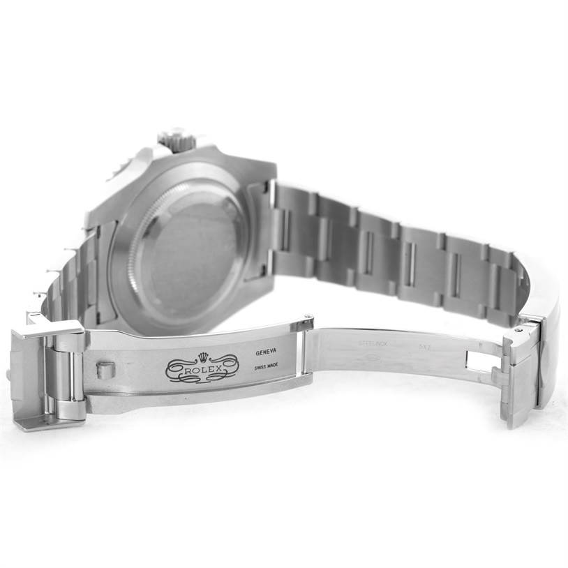 This image shows the open clasp and case back of a Rolex Submariner 116610 Men
s Stainless Steel Black Dial 116610 Men
s Stainless Steel Black Dial watch from a rear angle.