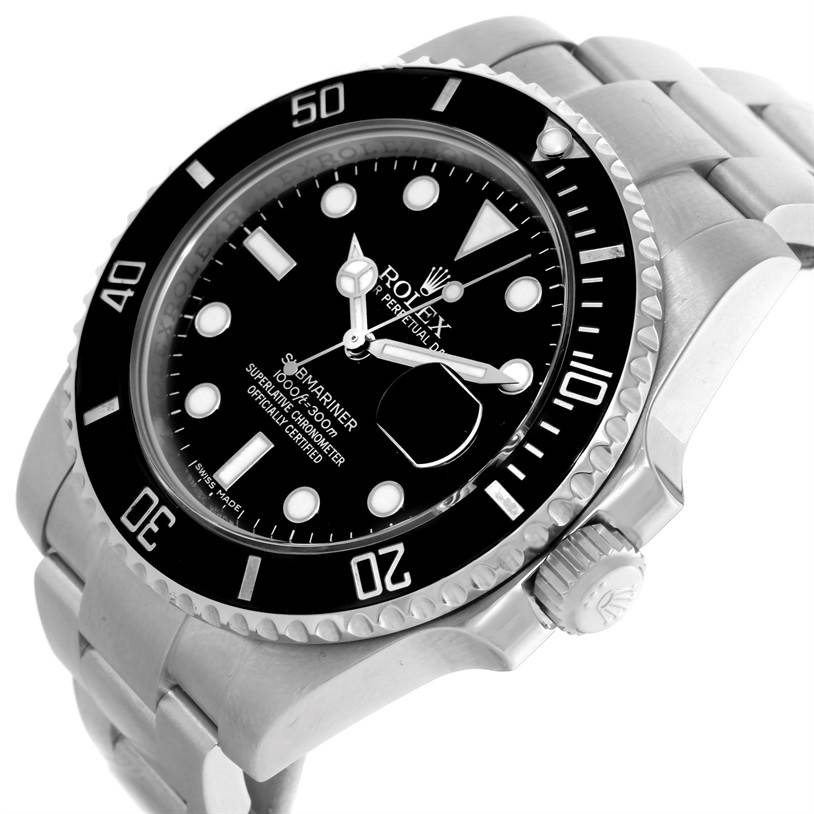 The image shows a close-up angled view of the face, bezel, and bracelet of the Rolex Submariner 116610 Men
s Stainless Steel Black Dial 116610 Men
s Stainless Steel Black Dial watch.