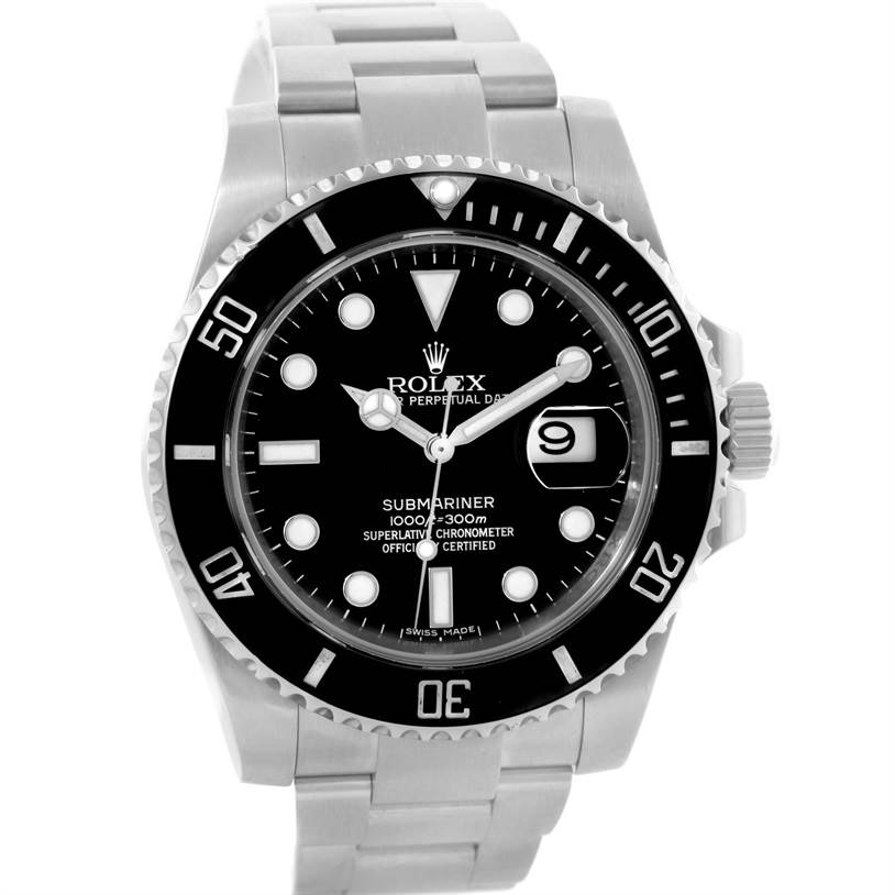 The image shows a front view of a Rolex Submariner 116610 Men
s Stainless Steel Black Dial 116610 Men
s Stainless Steel Black Dial watch, featuring its dial, bezel, and bracelet.
